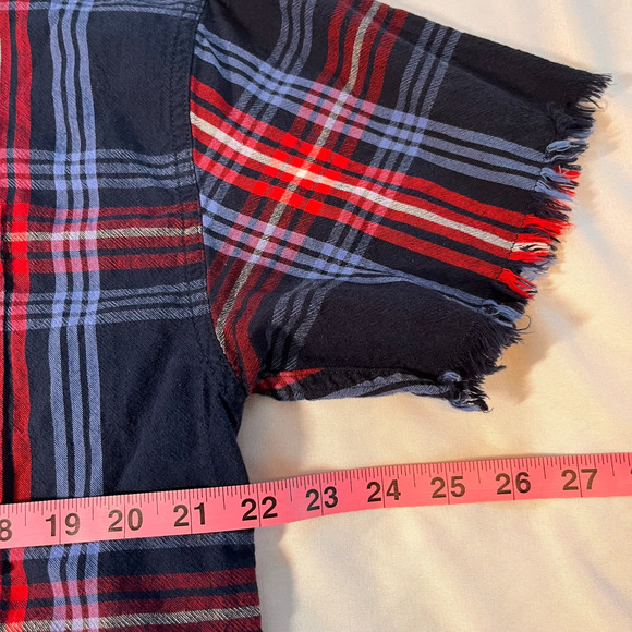 True Religion Shirt Men's M Button Down Raw Edge Slouch Red Blue Plaid Patriotic - Picture 11 of 11